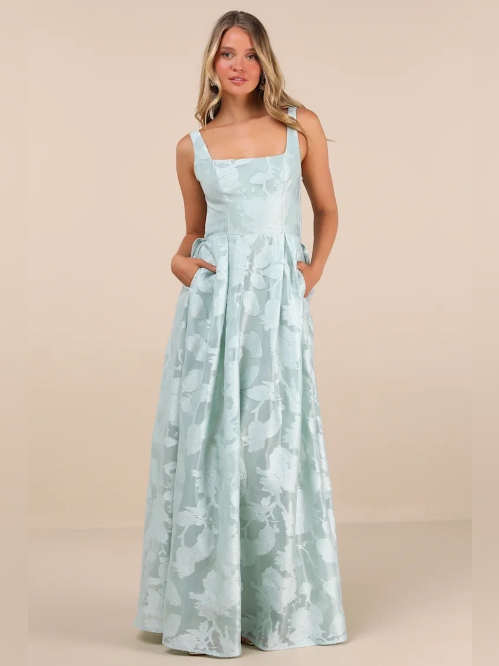 Lulu's Pale Blue Floral Jacquard Square Neck Maxi Dress